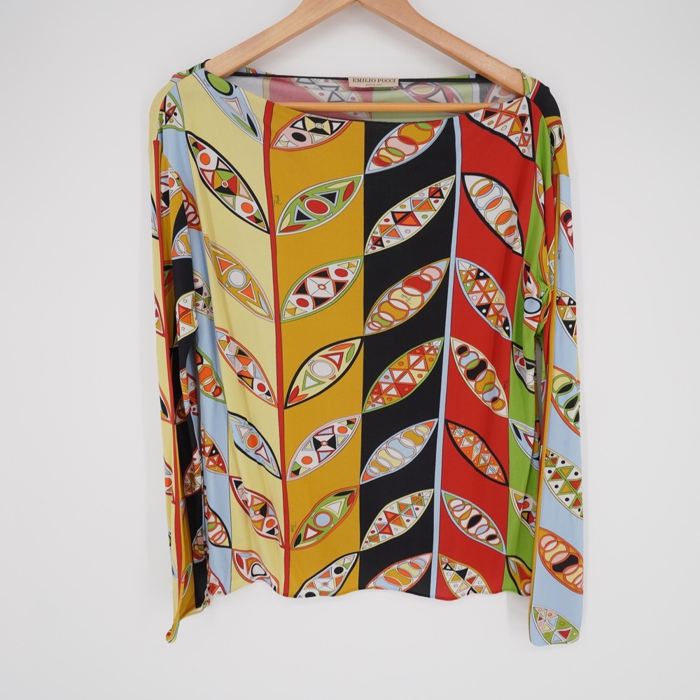 Emilio Pucci Shirt Womens 4 Multicolor Geometric Boat Neck Jersey Long Sleeve